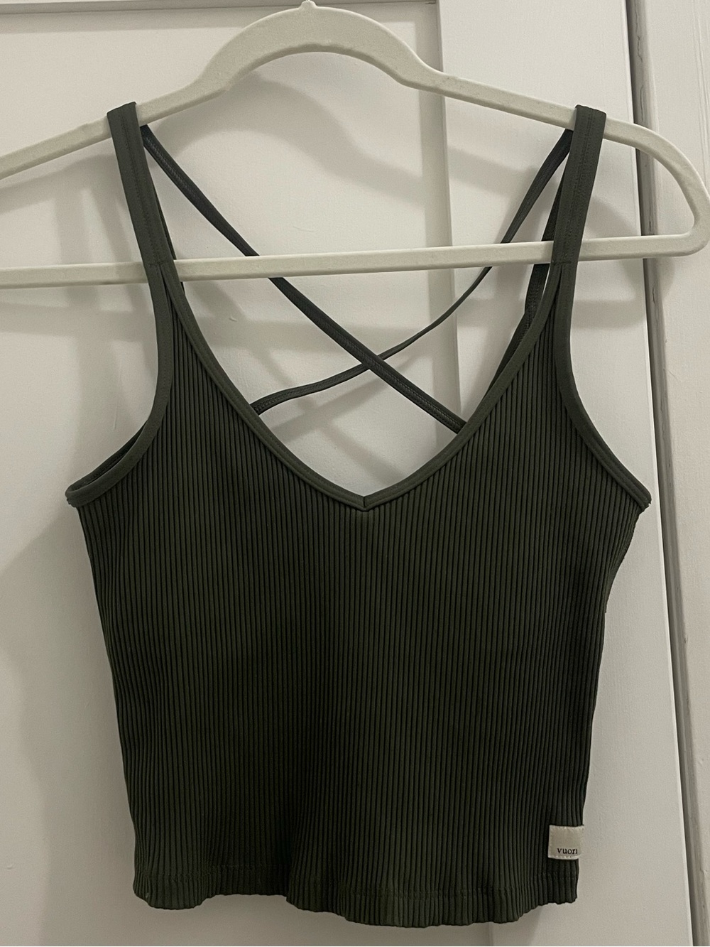 Vuori Olive Ribbed V-Neck Cami with Crisscross Back Straps
